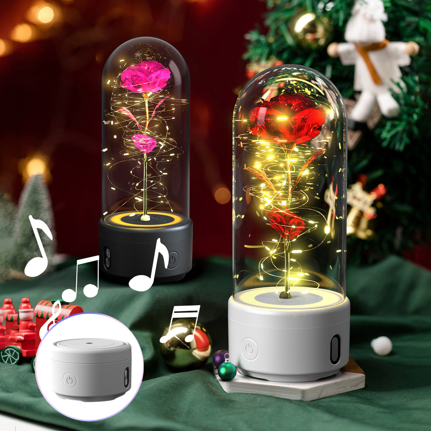 2 In 1 Bluetooth-compatible Speaker And  Rose Flowers LED Light Ornamented In Glass Cover