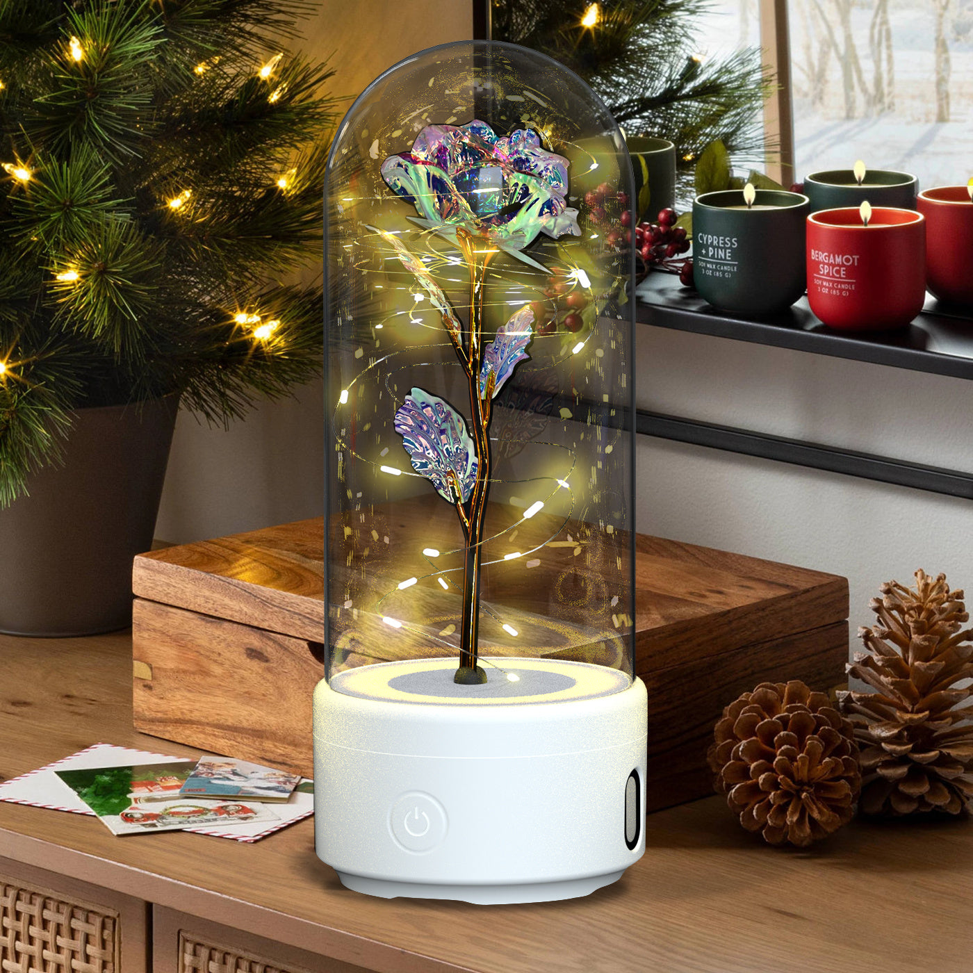 2 In 1 Bluetooth-compatible Speaker And  Rose Flowers LED Light Ornamented In Glass Cover