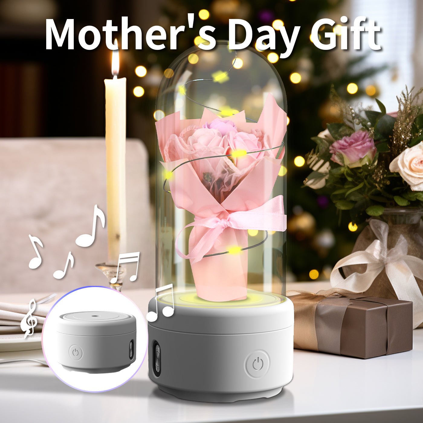 2 In 1 LED Light And Bluetooth-compatible Speaker & Bouquet Ornamented In Glass Cover